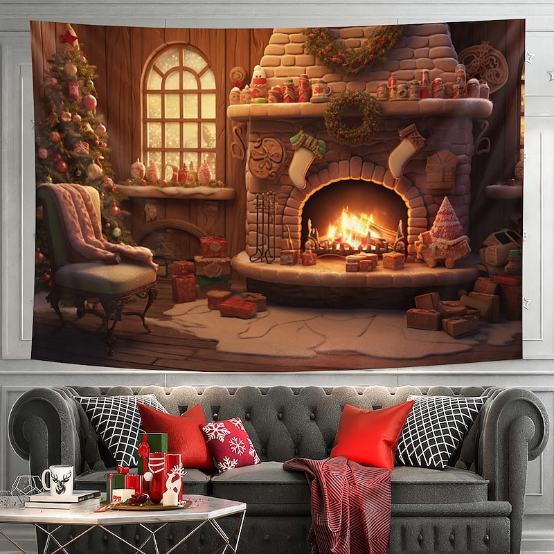 Christmas Decorations Hanging Tapestry Christmas Stockings Xmas Fireplace Wall Art Large Tapestry Mural Decor Photograph Backdrop Blanket Curtain Home Bedroom Living Room Decoration 17