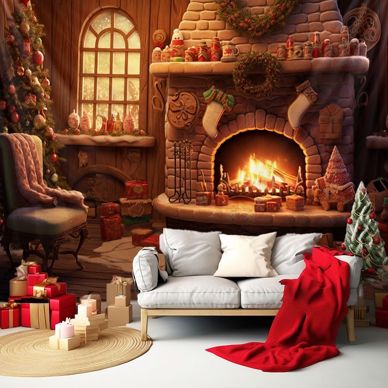 Christmas Decorations Hanging Tapestry Christmas Stockings Xmas Fireplace Wall Art Large Tapestry Mural Decor Photograph Backdrop Blanket Curtain Home Bedroom Living Room Decoration3