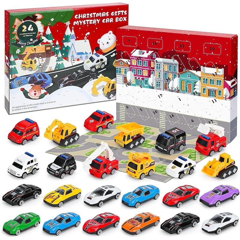 Christmas Advent Calendar 2025, Christmas Countdown Calendar Mystery Box 24PCS Alloy Fire Truck Car Engineering Vehicle for Kids4