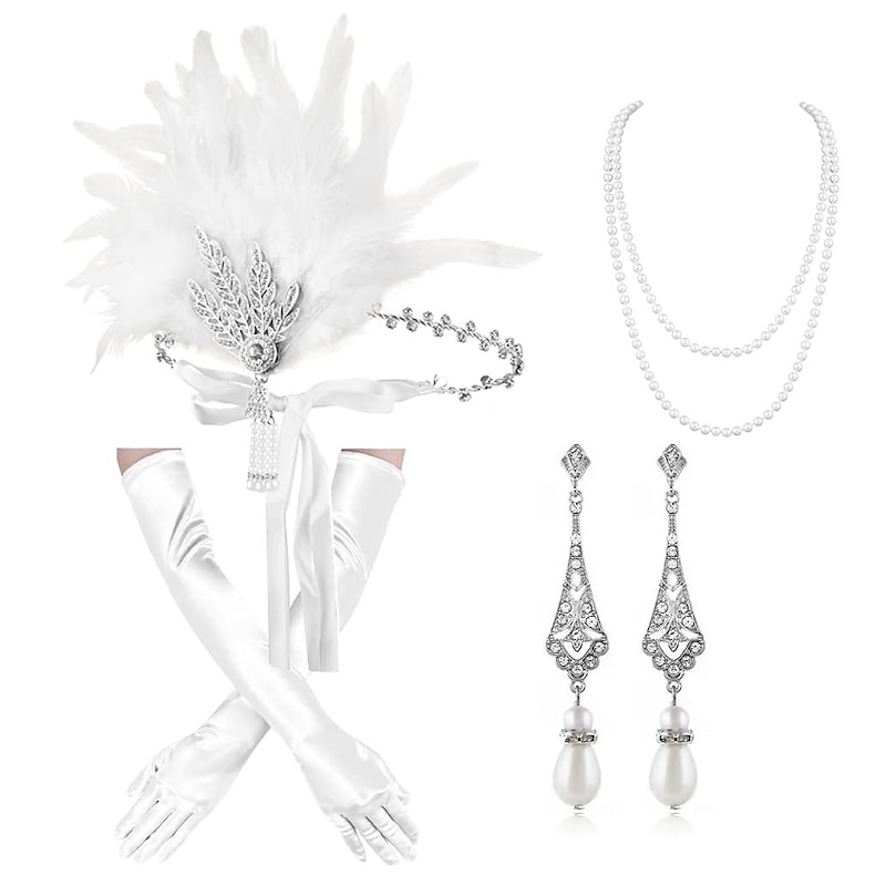 Vintage 1920s The Great Gatsby Flapper Headband Accessories Set Charleston Wedding Guest Feather Fancy Dress Women's Masquerade Wedding Reception Bachelorette Party Festival Adults' Gloves Headband