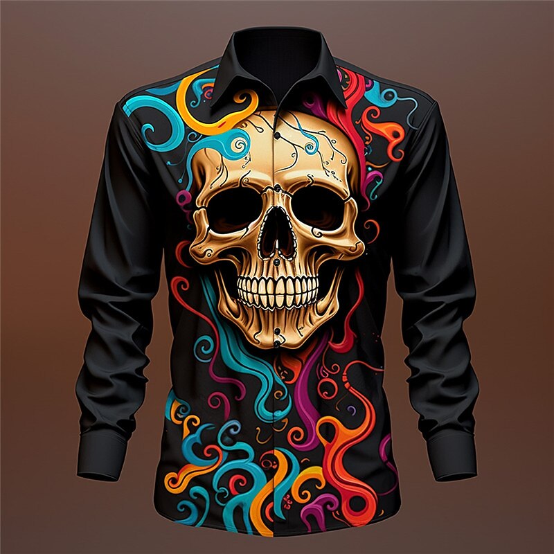 Skull Vintage Gothic Men's Shirt Outdoor Halloween Street Fall & Winter Turndown Long Sleeve Black Yellow Blue S M L Shirt
