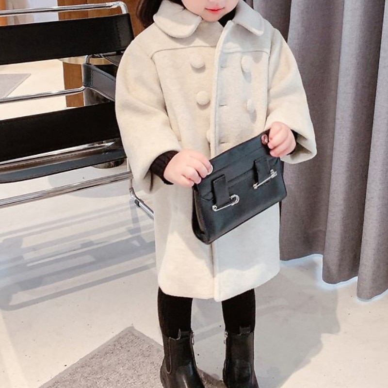 Kids Girls' Woolen Coat Long Sleeve Blue Beige Solid Color Fall Winter Active School 3-7 Years3