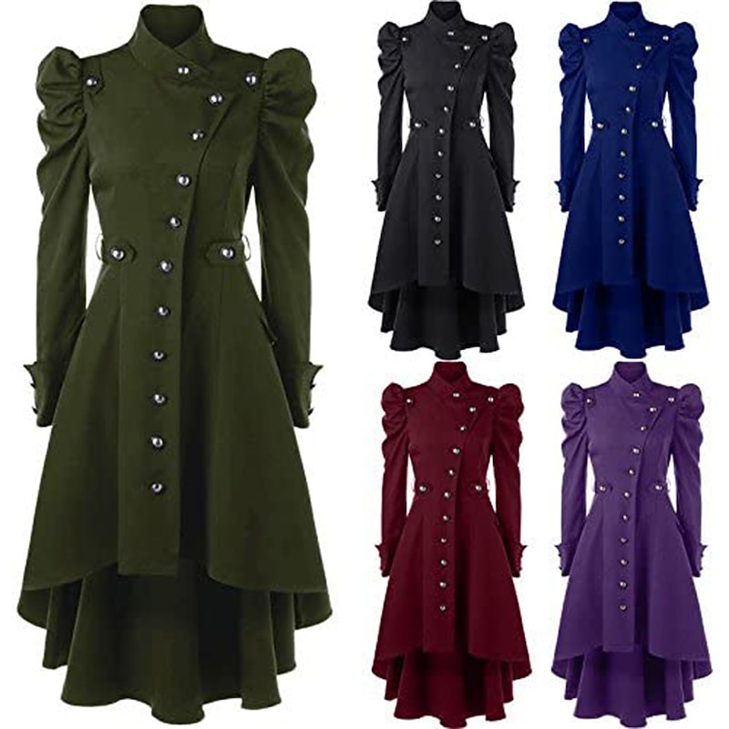 Retro Vintage Punk & Gothic Medieval Tailcoat Trench Coat Witch Cosplay Solid Colored Fancy Dress Women's Steampunk Walpurgis Night Halloween Carnival Masquerade LARP Adults' Coat Dress