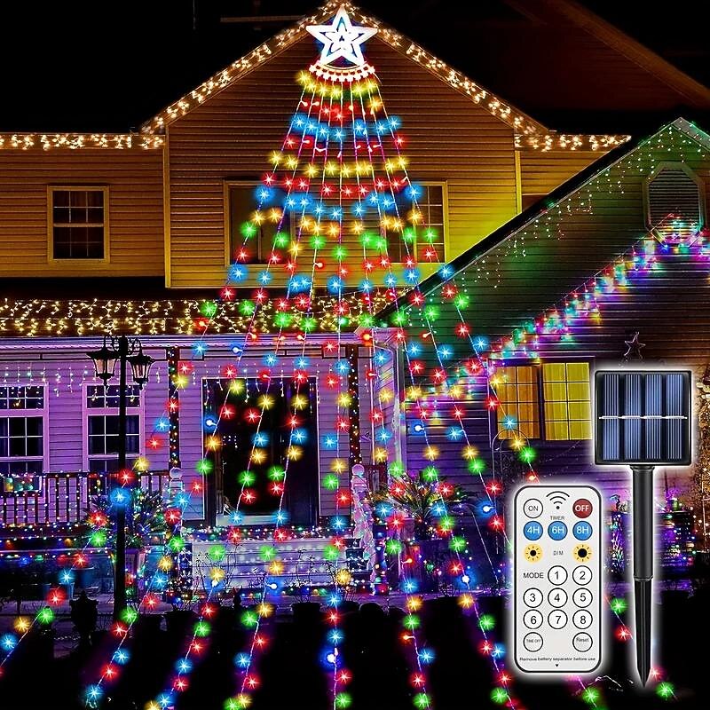11.5FT 350LED Solar Star String Light Outdoor, Waterfall Lights, Christmas Tree Lights, Easy Installation, Waterproof Christmas Lights For Yard Christmas Decorations Wedding Party Home Garden
