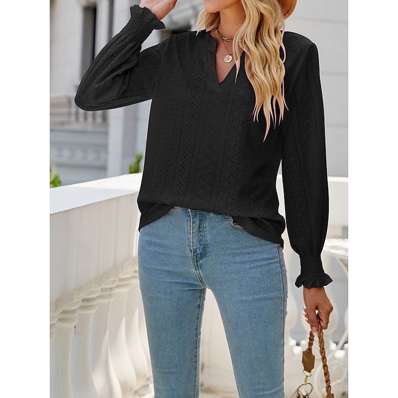 Shirt Blouse Women's Black White Pink Solid Color Hollow Out Daily Fashion Shirt Collar Regular Fit S2