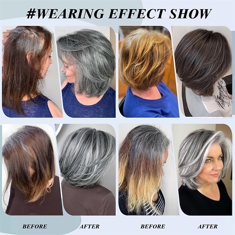 Short Grey Wig With Curtain Bangs Layered Silver Grey Wigs for Women BOB Layered Wigs Pixie Cut Layered Wig Hair Synthetic Hair Wigs3