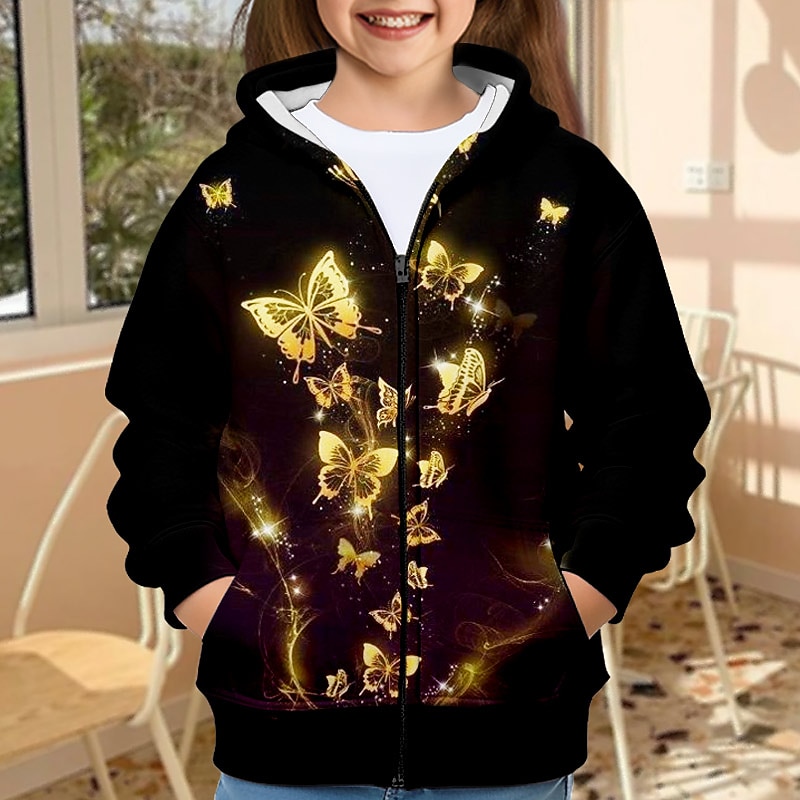 Girls' 3D Butterfly Hoodie Coat Outerwear Long Sleeve 3D Print Fall Winter Active Fashion Cute Kids 3-12 Years Outdoor Casual Daily Regular Fit4