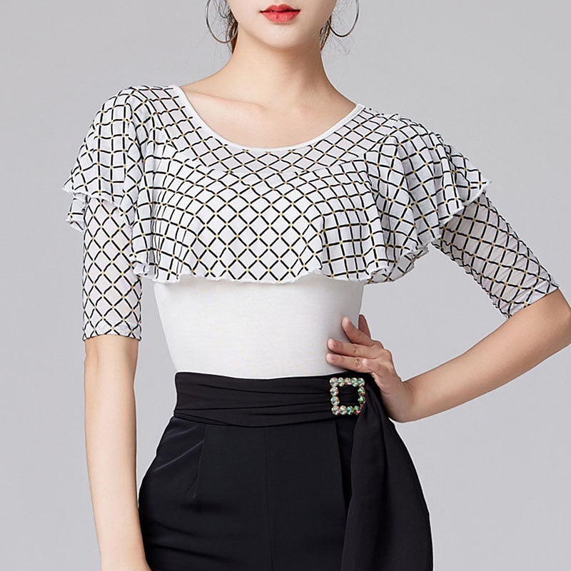 Latin Dance Ballroom Dance Top Printing Ruffles Splicing Women's Performance Training Half Sleeve High Polyester