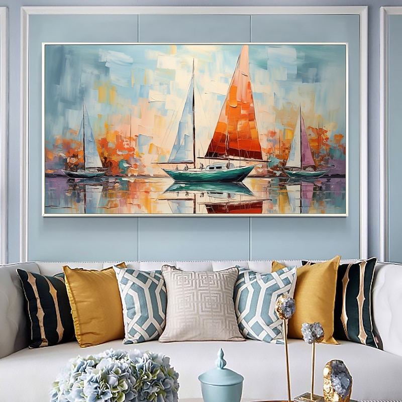 Handmade Oil Painting Canvas Wall Art Decor Original Colorful sailboat in full for Home Decor With Stretched FrameWithout Inner Frame Painting3