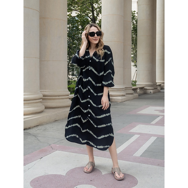 Women's Geometric Stripe Button Split V Neck Maxi long Dress Daily Vacation Long Sleeve Summer Spring