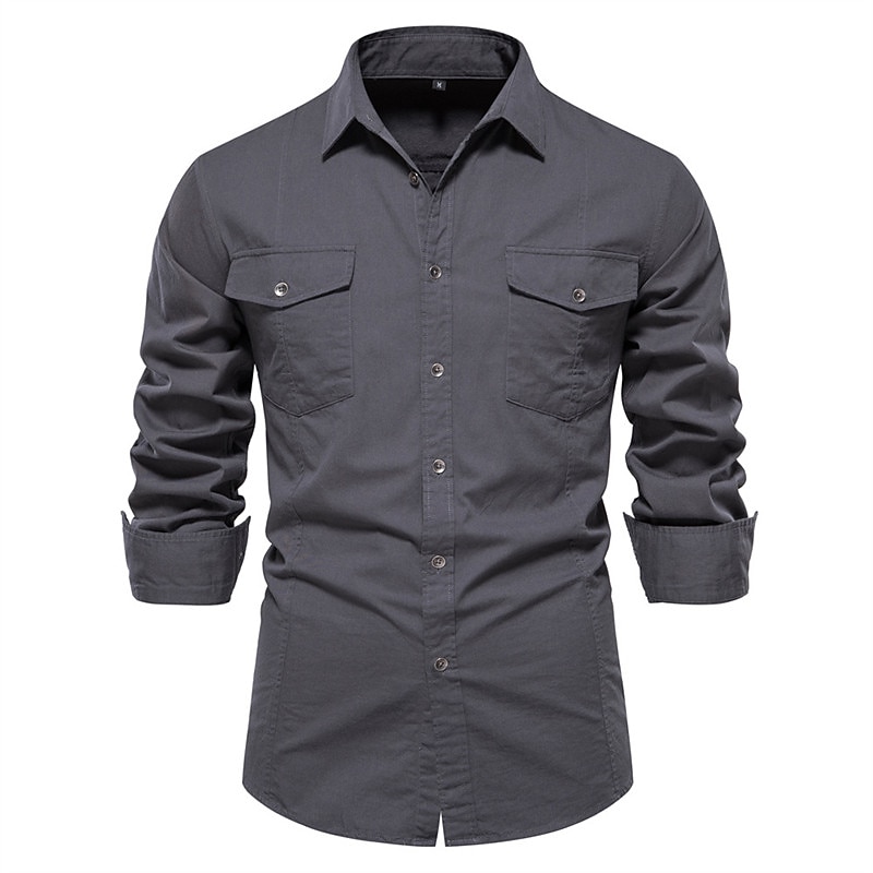 Men's Shirt Button Up Shirt Casual Shirt Black Navy Blue Green khaki Dark Gray Long Sleeve Plain Lapel Daily Vacation Front Pocket Clothing Apparel 100% Cotton Fashion Casual Comfortable2