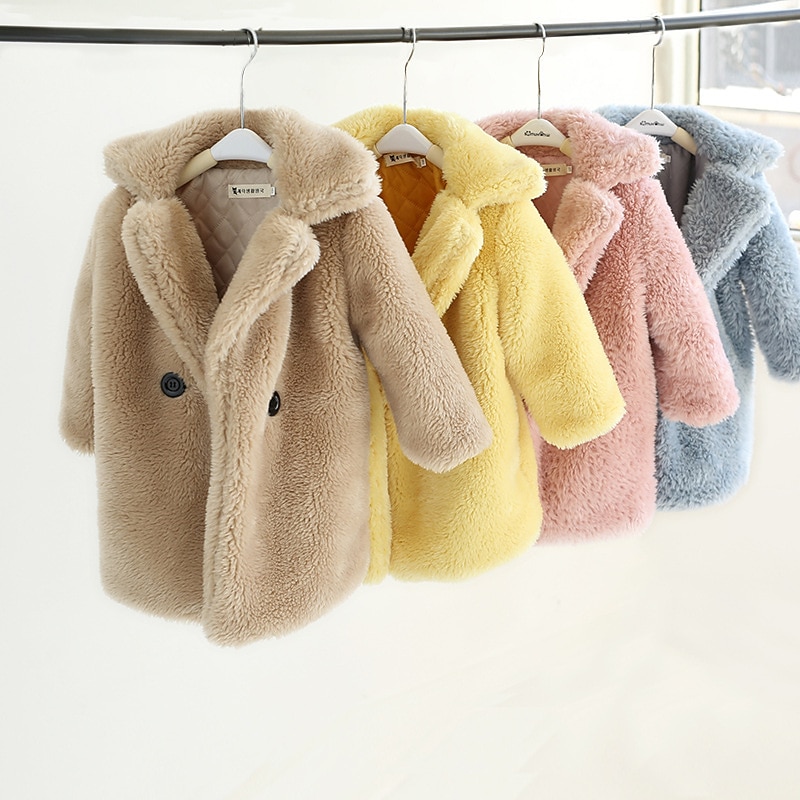 Kids Girls' Faux Fur Coat Solid Color Fashion Tassel Fringe Formal Coat Outerwear 2-12 Years Spring White Yellow Pink2