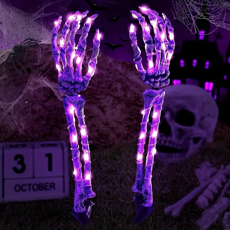 1 Pair Solar Halloween Decorations Light Lighted Skeleton 18inch Arms Hand Stakes, 40 LED Lights, Light Up Figurine Holiday Party Indoor Outdoor Decor for Garden Realistic Looking Skeleton Stake3