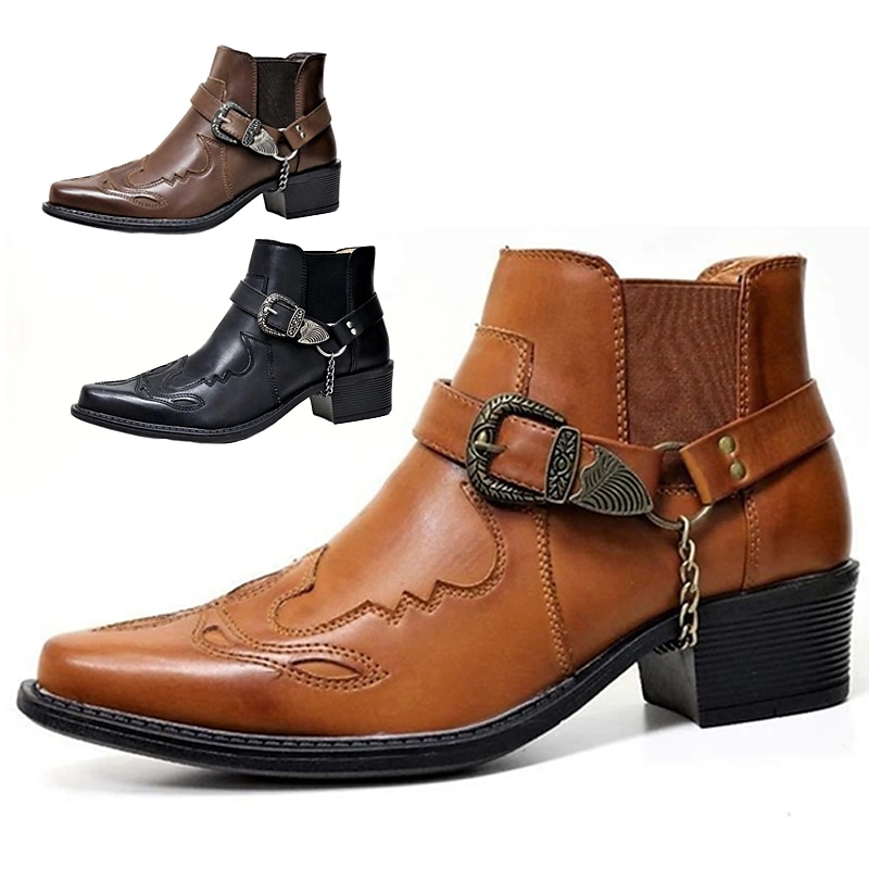 Men's Black Faux Leather Western Motorcycle Boots with Buckle Strap and Embroidered Detailing - Ankle Boots for Biker and Casual Wear2