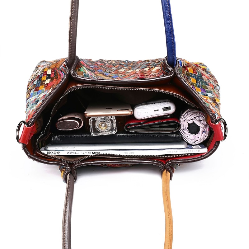 Women's Multicolor Woven Leather Tote Bag with Dual Straps and Boho Patchwork Style, Large Shoulder Handbag for Travel, Art Events, and Casual Daily Use3