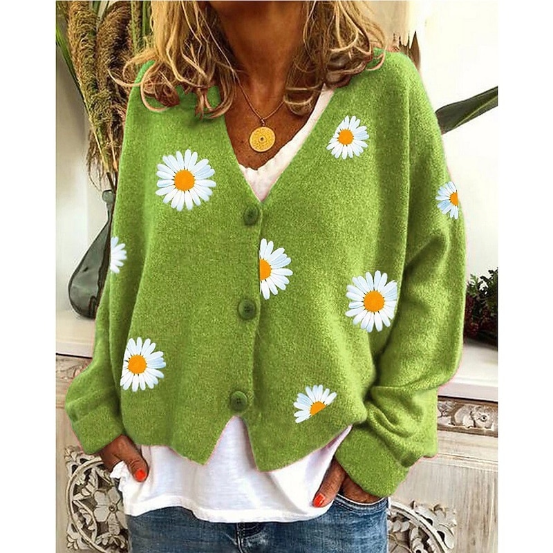 Women's Cardigan Sweater Elegant Stylish Casual Daisy Maillard Ribbed Open Front Patchwork Embroidery Long Sleeve Regular Tops Knit Daily Black Yellow Winter2