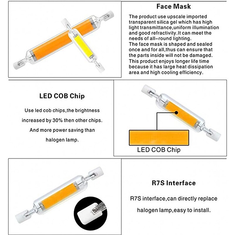 High Power COB R7S LED Glass Tube 78mm 118mm 189mm COB Lights Bulb AC110V 220V Home Replace Halogen Lamp3