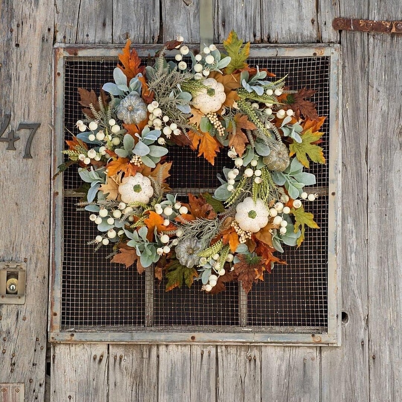 Artificial Fall Wreaths for Front Door Rustic Autumn Wreath with Pumpkin,Rose,Berry Branchesm,Mixed Leaves Thanksgiving Wreath Fall Door Wreath