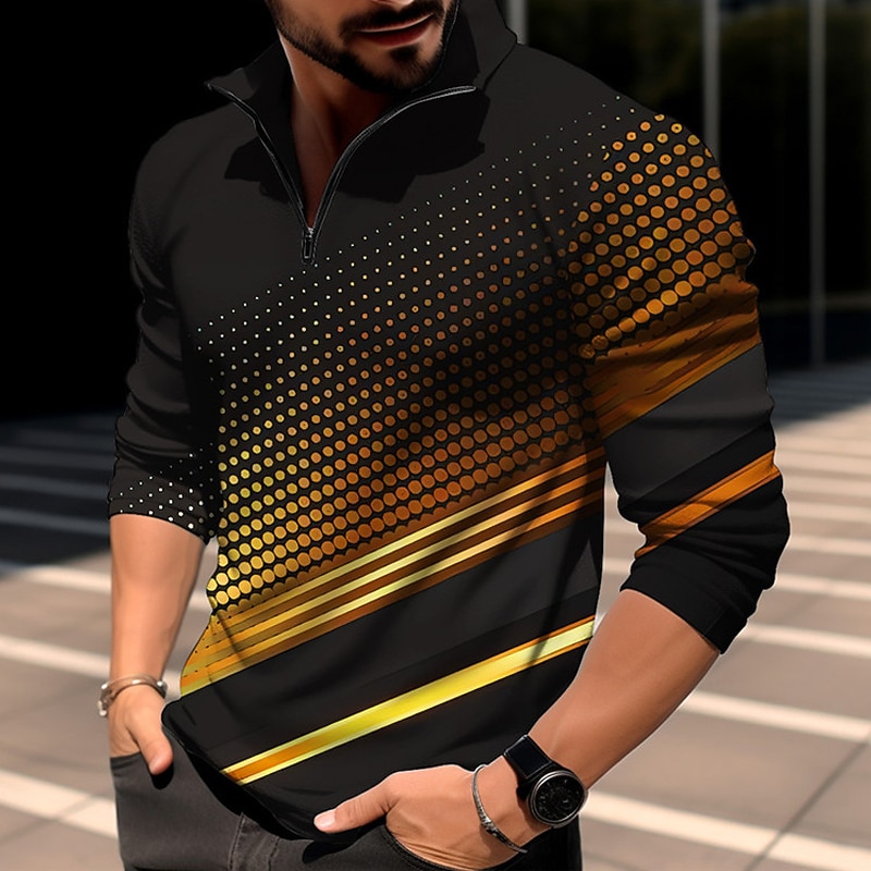 Men's Linear Zip Polo Long Sleeve Polo Shirts Zip Abstract Outdoor Casual Daily Streetwear 3D Print Fall & Winter Yellow Gray - Main Image