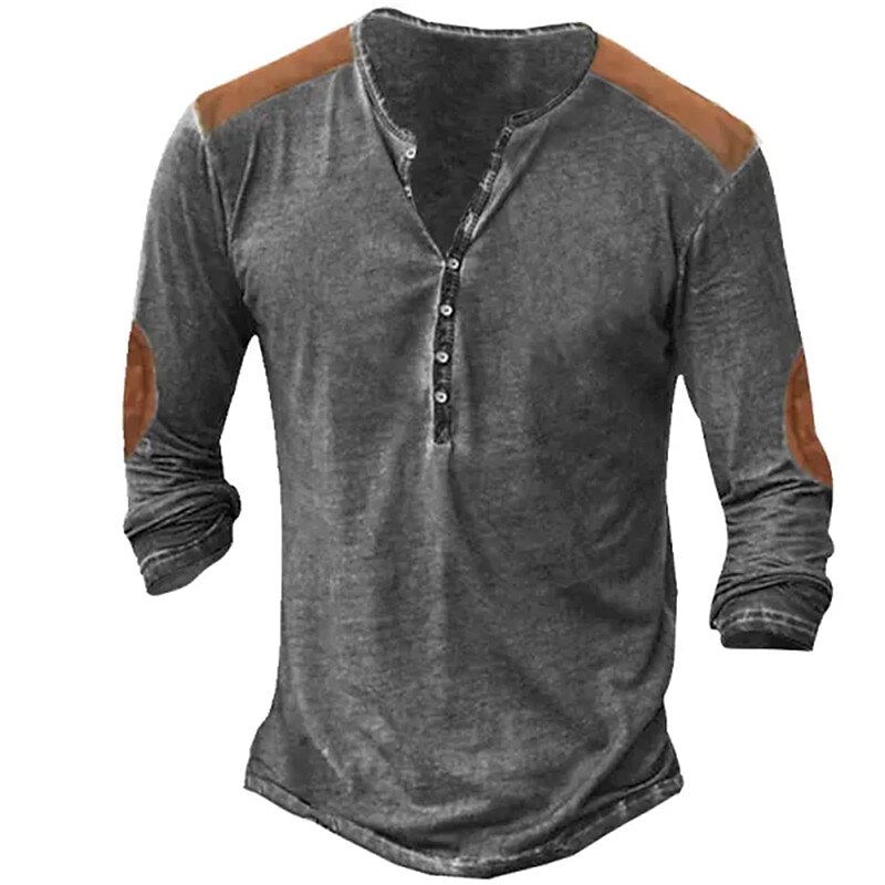 Men's Button T Shirt T Shirt Henley Shirt Tee Top Long Sleeve Henley Spring &  Fall Color Block Vintage Designer Basic Patchwork Vacation Street Going out Navy Blue Dark Gray Khaki Top Tee for Men4