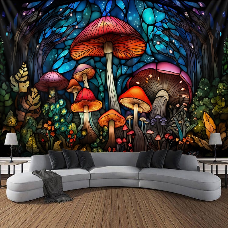 Stained Glass Mushroom Hanging Tapestry Wall Art Large Tapestry Mural Decor Photograph Backdrop Blanket Curtain Home Bedroom Living Room Decoration3