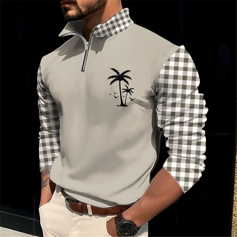 Kentucky Derby Men's Plaid Coconut Tree Zip Polo Golf Polos Shirts Long Sleeve Polo Shirts Zip Casual Outdoor Casual Daily Streetwear 3D Print Fall & Winter White Blue Green2
