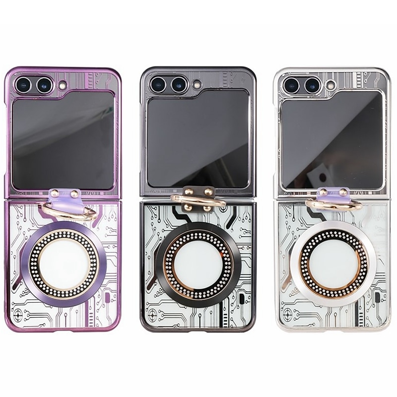 Phone Case For Z Flip 6 Z Flip 5 Back Cover Magnetic Adsorption With Magsafe with Stand Holder Ring Holder Full Body Protective Retro TPU Plating Metal