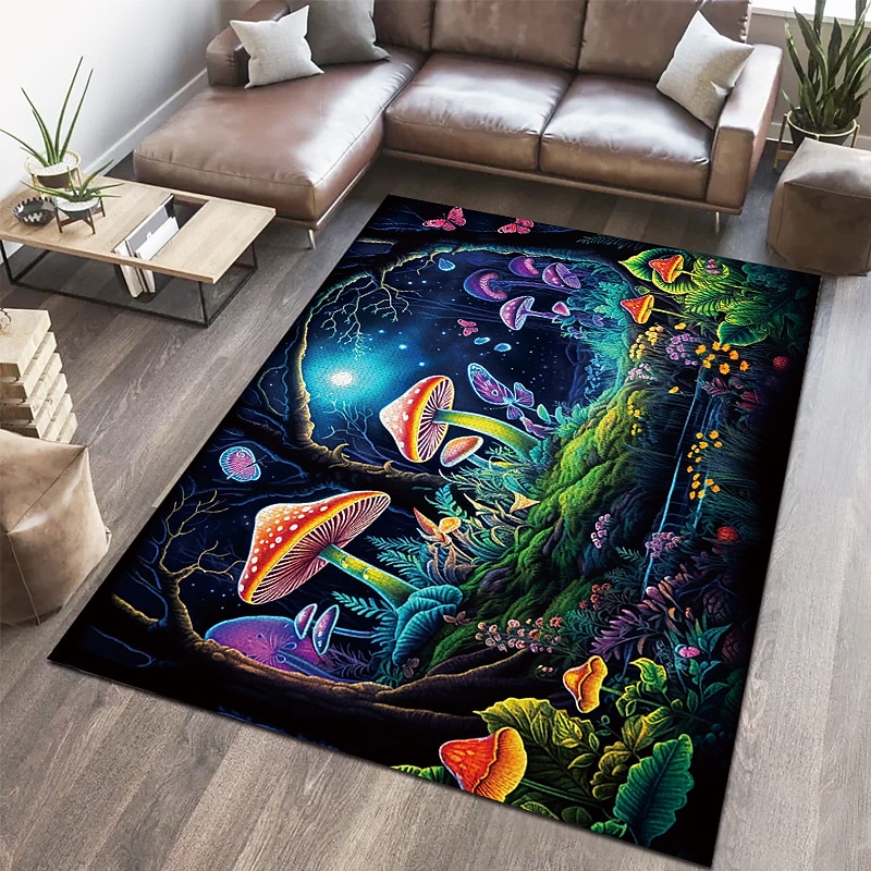 Floral Mushrooms Floor Mat Rug Area Rug Black Carpet Illusion Flannel Rugs Ultra Soft Non-Slip Rug for Room Deco4