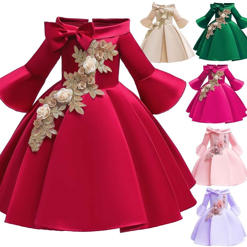 Kids Girls' Party Dress Floral 3/4 Length Sleeve Formal Performance Wedding Tie Knot Fashion Adorable Cotton Midi Party Dress Floral Embroidery Dress Flower Girl's Dress Summer Spring Fall 2-9 Years2