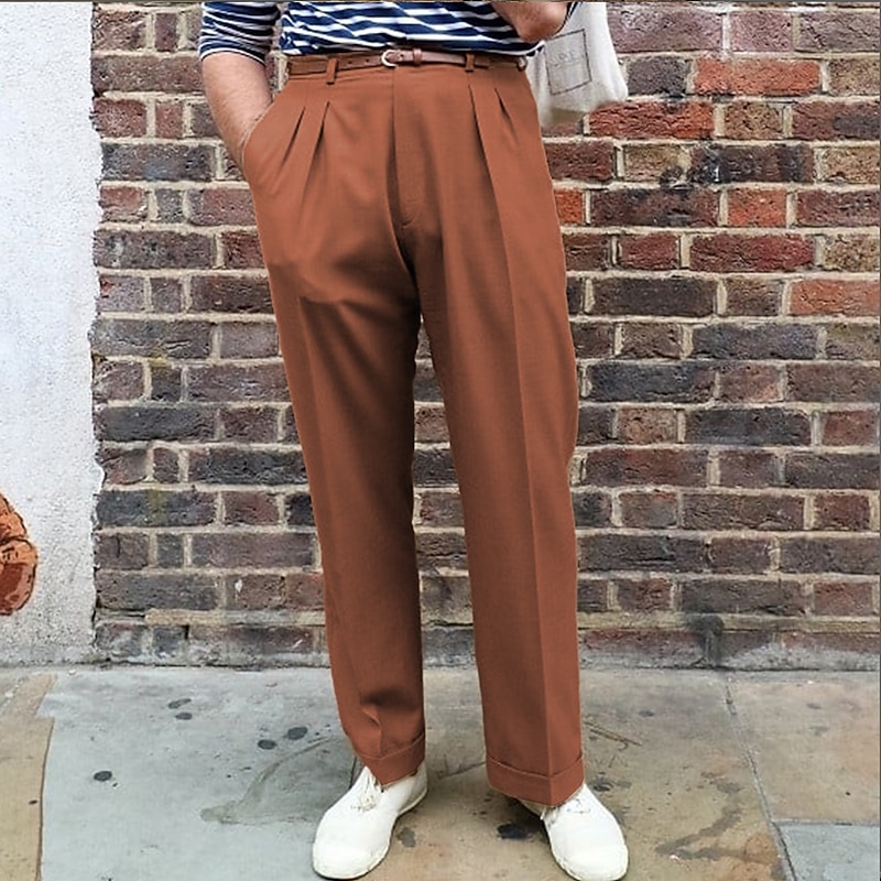 Men's Trousers Dress Pants Chinos Slacks Pleated Pants Pocket Plain Comfort Soft Outdoor Daily Going out Fashion Casual Brown Khaki3