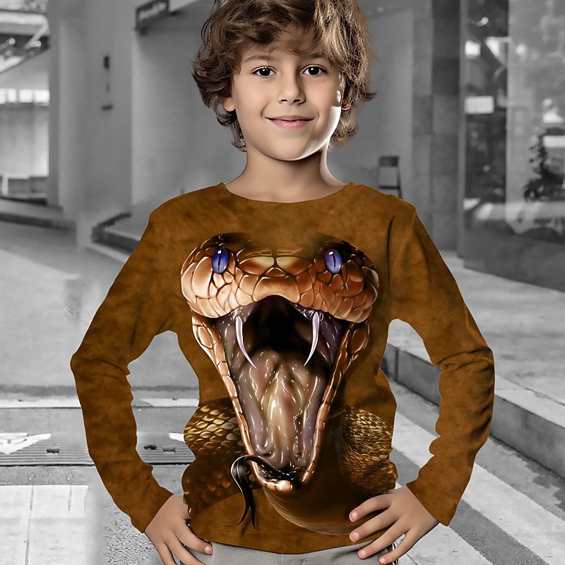 Boys 3D Animal Tee Long Sleeve 3D Print Fall Winter Sports Fashion Streetwear Kids 3-12 Years Outdoor Casual Daily Regular Fit