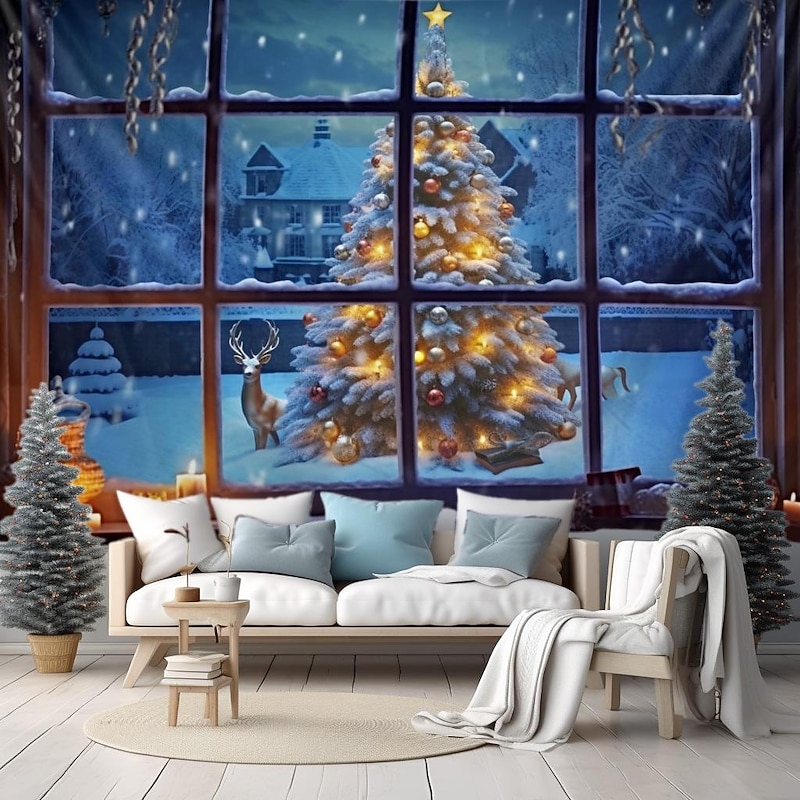 Christmas Decorations Hanging Tapestry Christmas Tree Winter Snow Wall Art Xmas Large Tapestry Mural Decor Photograph Backdrop Blanket Curtain Home Bedroom Living Room Decoration Window View
