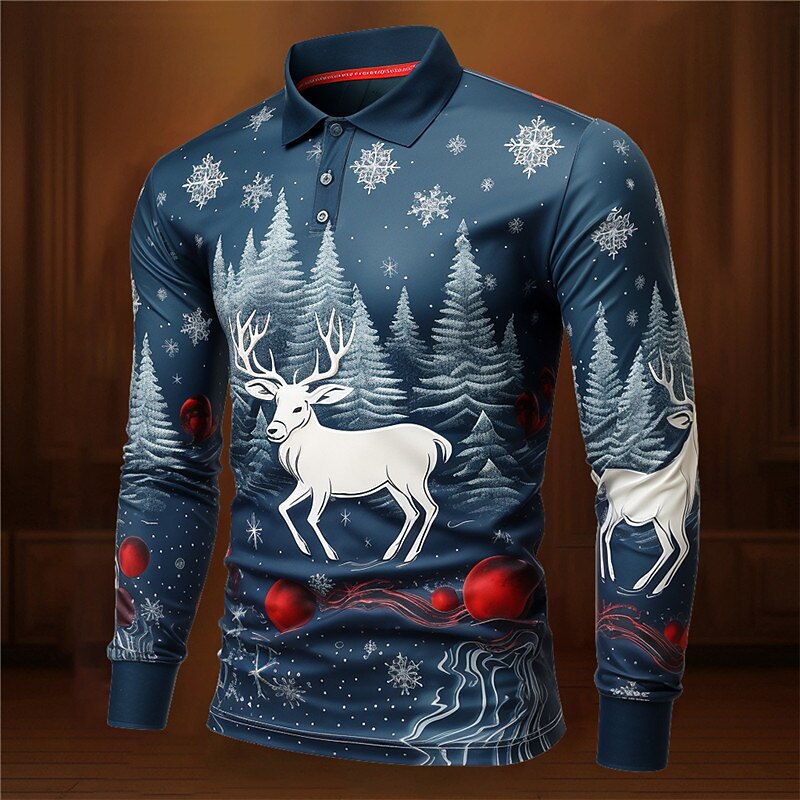 Christmas Men's Santa Claus 3D Polo Santa Claus Elk Casual Print 3D Golf Outdoor Casual Daily Streetwear Polyester Long Sleeve Turndown Shirts Dark Navy Ocean Blue Fall & Winter S M L Micro-elastic4