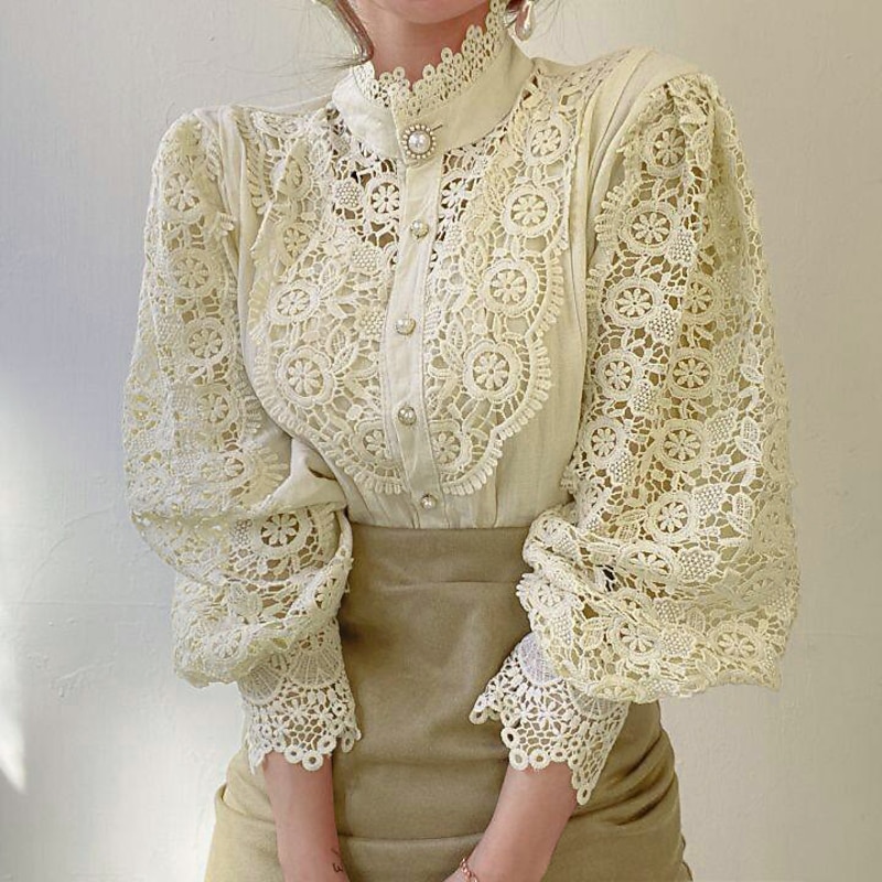 Women's Shirt Lace Shirt Going Out Tops Blouse Elegant Vintage Fashion Lace up Long Sleeve Regular Tops Party Club Black White Apricot Spring Fall4