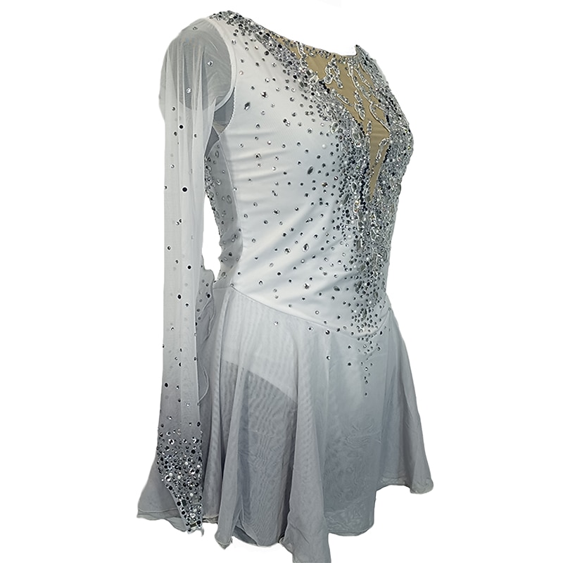 Figure Skating Dress Women's Girls' Ice Skating Dress White Patchwork Thumbhole Mesh Spandex Stretchy Training Practice Professional Skating Wear Crystal / Rhinestone Long Sleeve Figure Skating4