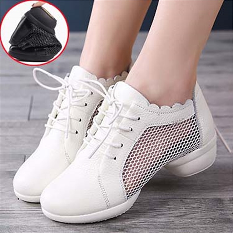 Women's White Mesh Leather Lace-Up Dance Shoes with Soft Flexible Sole, Breathable Jazz Sneakers for Latin Practice, Ballroom, and Fitness Training