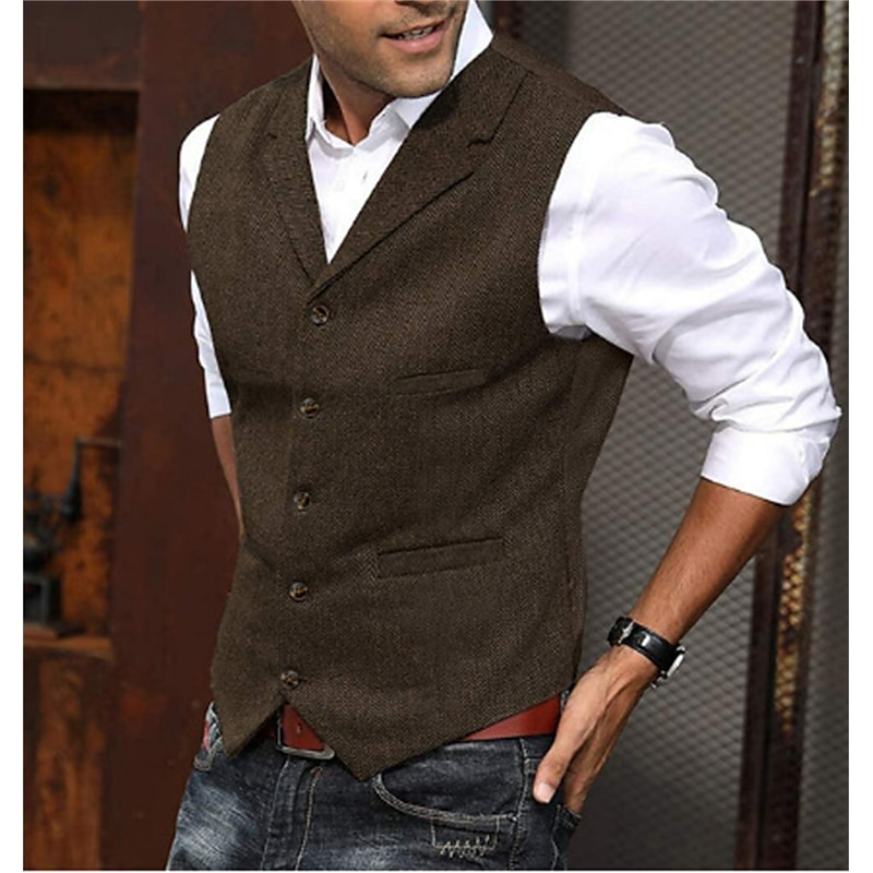 Men's Fashion Vest Herringbone Tailored Fit Notch Single Breasted Five-buttons Silver Black Red 20233