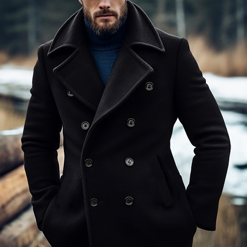 Men's Winter Coat Peacoat Trench Coat Outdoor Daily Wear Fall & Winter Polyester Thermal Warm Windbreaker Outerwear Clothing Apparel Fashion Streetwear Plain Lapel Double Breasted2