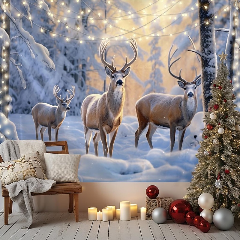 Winter Wonderland Hanging Tapestry Wall Art Large Tapestry Mural Decor Photograph Backdrop Blanket Curtain Home Bedroom Living Room Decoration Snow Reindeer 16