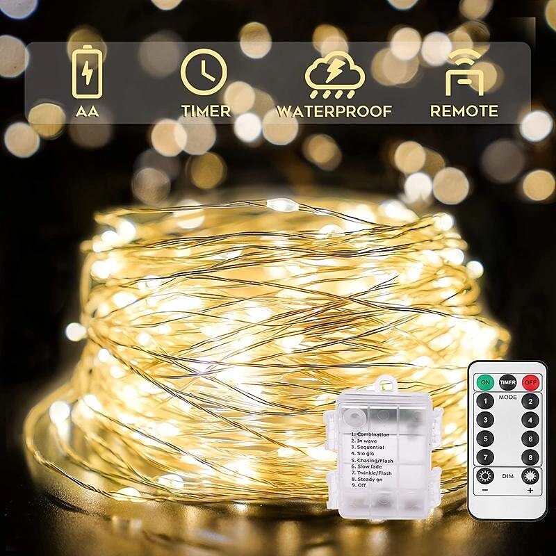 2M-20Leds/5M-50Leds/0M-100Leds/2M-120Leds Waterproof Battery Box Copper Wire Light String 8-function Remote Control Christmas Halloween Wedding Indoor and Outdoor Decorative Lights4