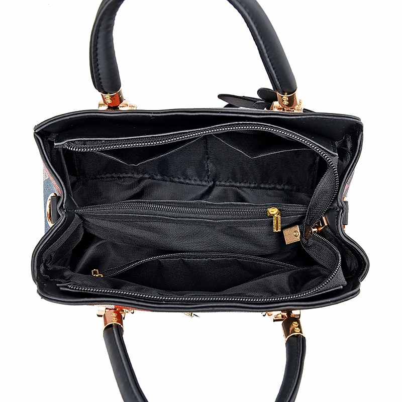 Women's Plaid Handbag with Faux Leather Handles and Shoulder Strap, Structured Top Handle Bag with Butterfly Charm for Office, Shopping and Daily Use3