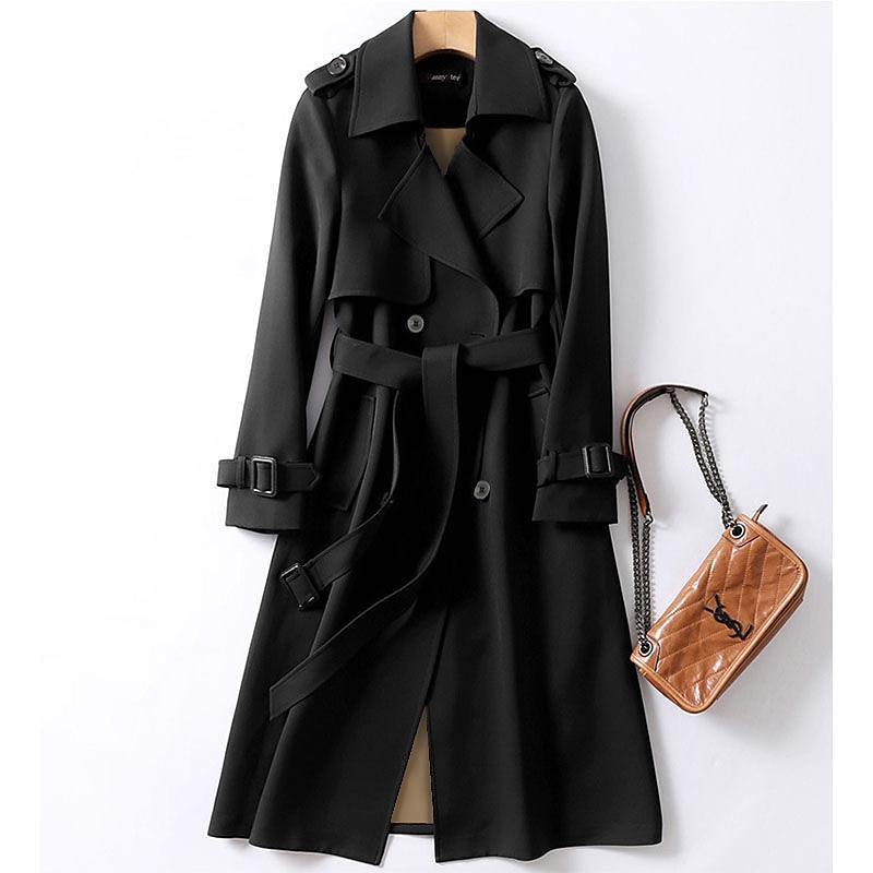 Women's Trench Coat Fall Double Breasted Lapel Long Coat with Belt Winter Warm Windproof Jacket with Pockets Maillard Black Blue Camel Beige Daily S M L XL XXL 3XL2