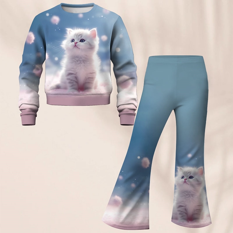 Girls' 3D Galaxy Cat Set Sweatshirt & Flare Pants Set Long Sleeve 3D Print Fall Winter Active Fashion Daily Kids 4 years+ Crew Neck Outdoor Vacation Date Regular Fit2