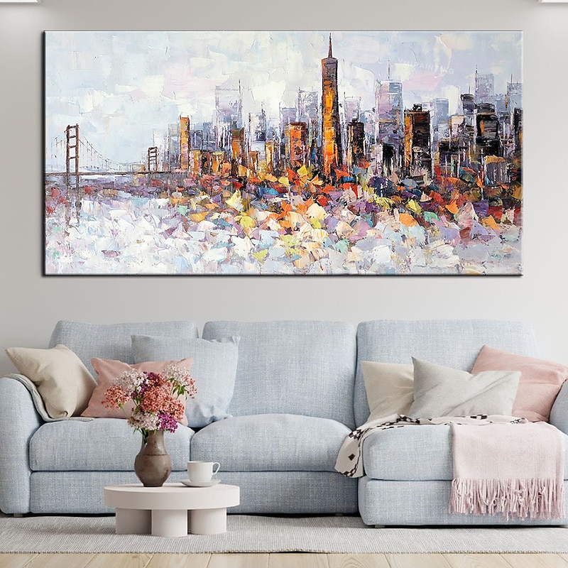 Large wall art Handmade San Francisco skyline painting Hand Painted Wall Art Black and white abstract art Palette knife city art picture Home Decoration Decor Rolled Canvas