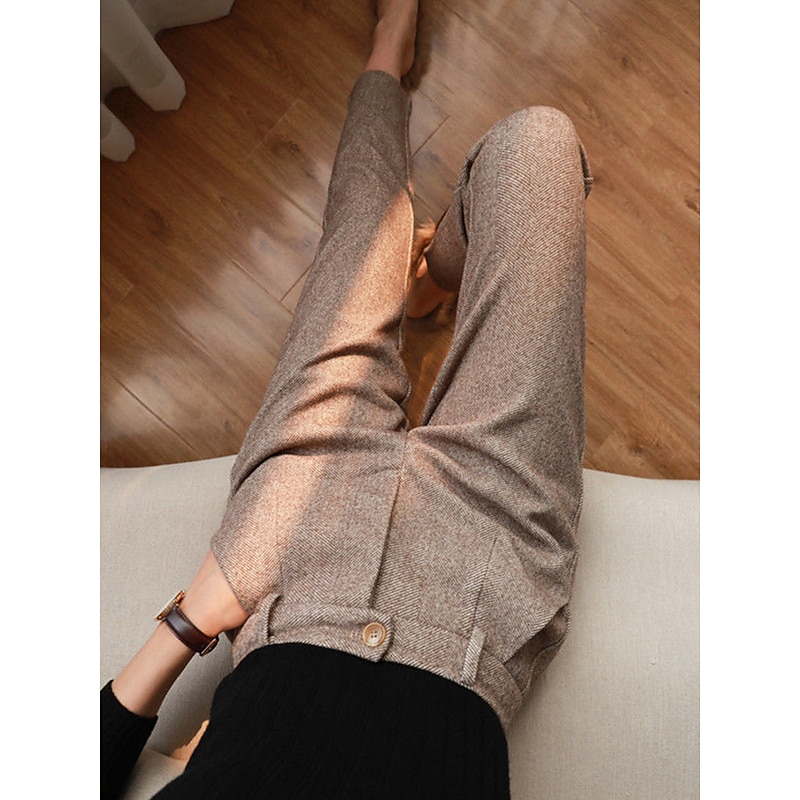 Women's Dress Pants Skinny Fleece Pants Fashion Streetwear Work Ankle-Length High Waist Striped Pocket Breathability Comfortable Micro-elastic Office Work Street Black ash-colored Apricot Beige Fall4