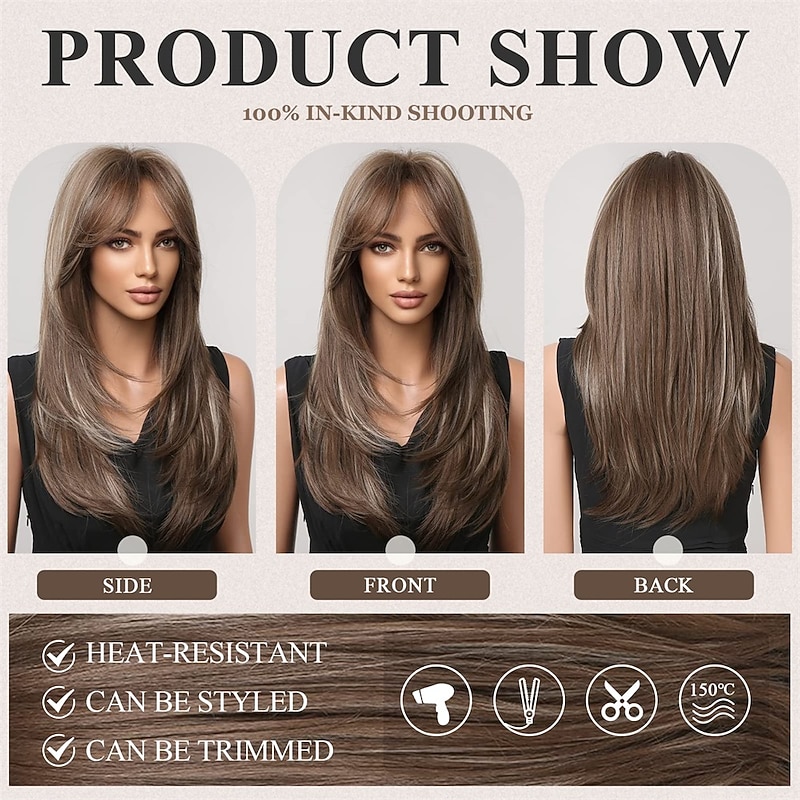 Brown Wigs for WomenLong Layered Wigs with Curtain Bangs Heat Resistant Synthetic Fibre Wigs3