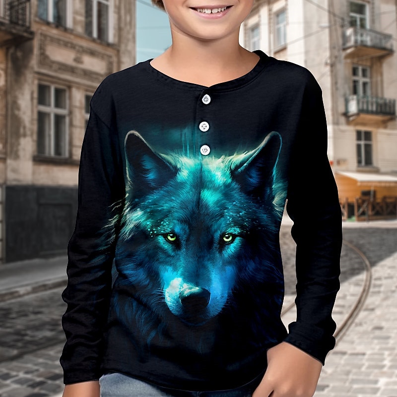 Boys 3D Wolf Henley Shirt Long Sleeve 3D Print Fall Winter Sports Fashion Streetwear Kids 3-12 Years Crew Neck Outdoor Casual Daily Regular Fit2