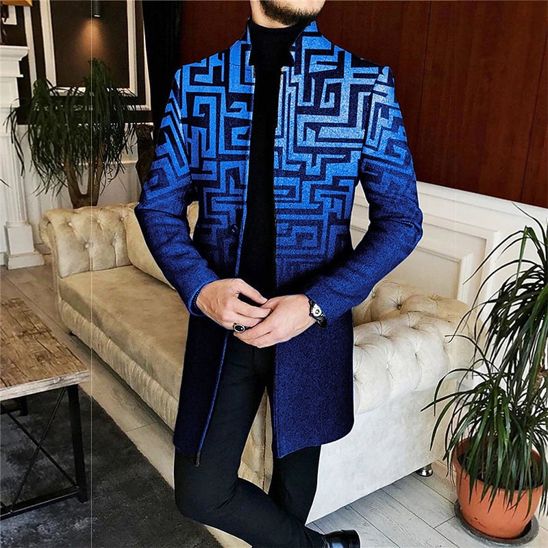 Men's Geometry Winter Coat Overcoat Coat Warm Comfortable Breathable Business Casual Work Wear to work Going out Pocket Print Fall & Winter Stand Collar Long Sleeve Yellow Red Blue