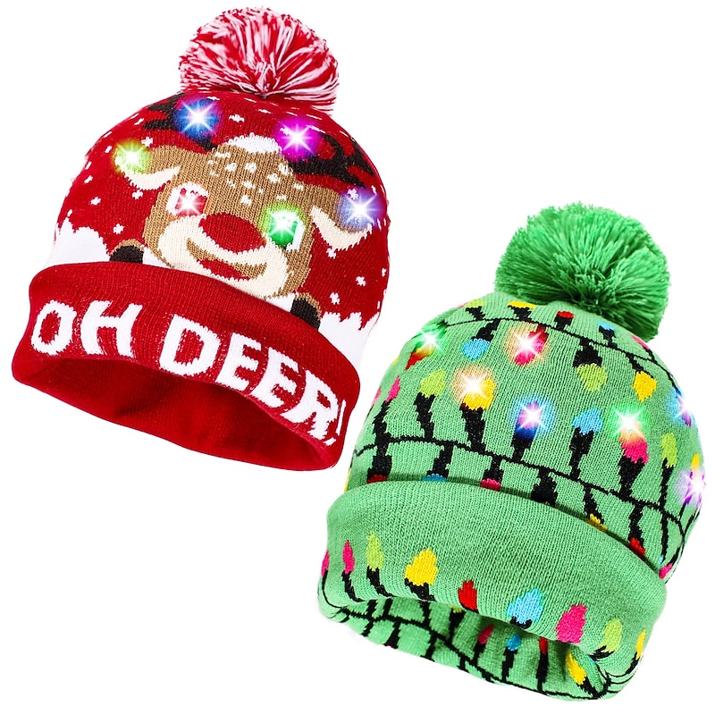 2 Pack LED Christmas Hat Light Up Christmas Hat Unisex Knitted Beanie Holiday Hat with Reindeer Christmas Tree Printing for Party