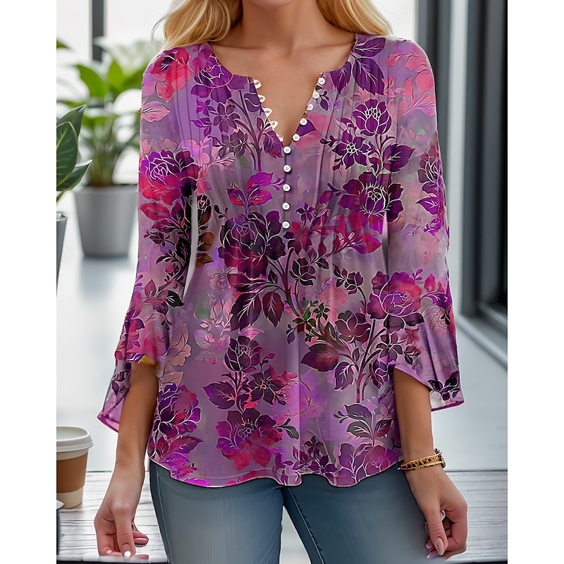 Women's T Shirt Henley Blouse Fashion Floral Buttons Print 3/4 Length Sleeve Regular Tops Round Neck Casual Holiday Red Blue Purple Green Spring &  Fall2